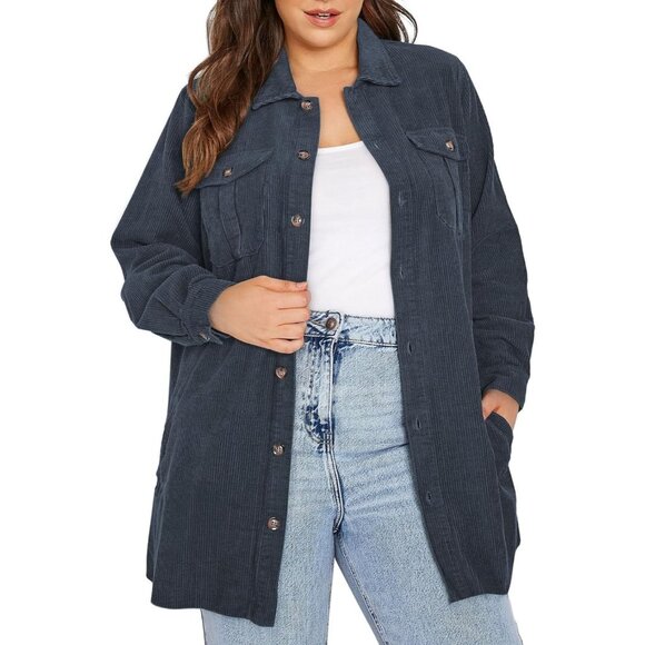 Womens Navy Blue Plus Size Plaid Shacket Long Sleeve Button Down Casual Jacket - Picture 1 of 5